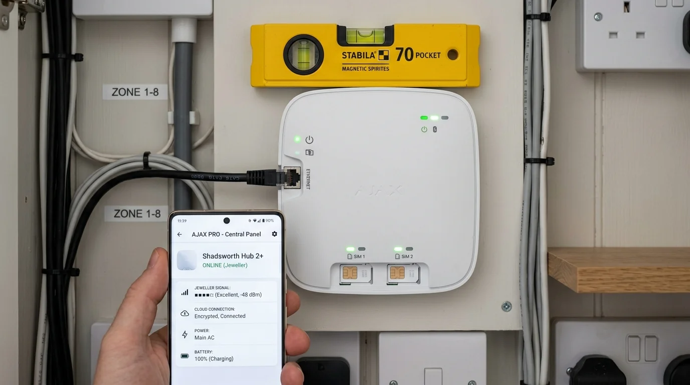Ajax Hub 2 central security panel mounted inside utility room in Shadsworth