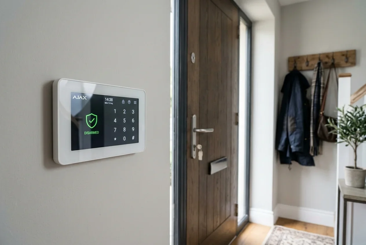 Ajax KeyPad Touchscreen Jeweller mounted in hallway showing DESFire RFID tag reader and PIN display