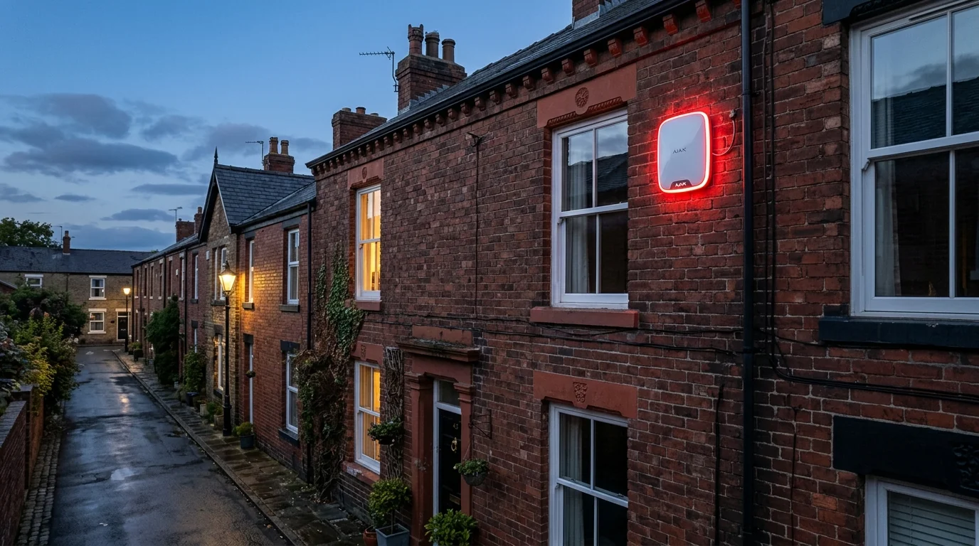 Ajax white StreetSiren mounted at apex of gable brick wall in Mill Hill Blackburn