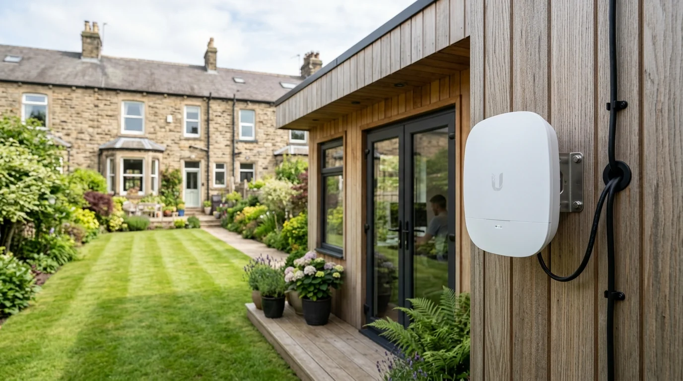 Ubiquiti airMAX 5GHz wireless bridge dish mounted to outbuilding providing gigabit speed link to garden office