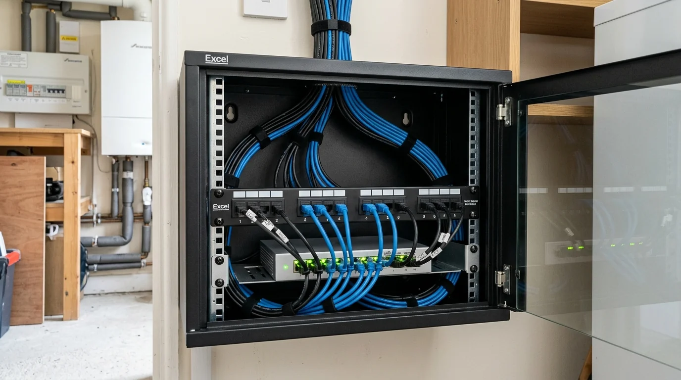 Neat wall-mounted 10-inch SOHO data cabinet with Cat6 patch panel, managed Gigabit PoE switch, and tidy patch leads in Mill Hill