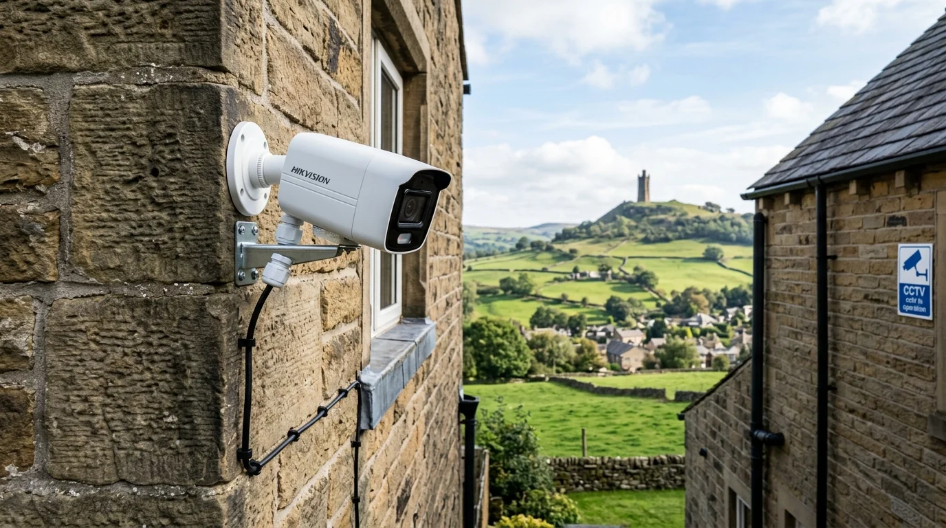 4K commercial turret security camera mounted discretely under white UPVC soffit in Almondbury