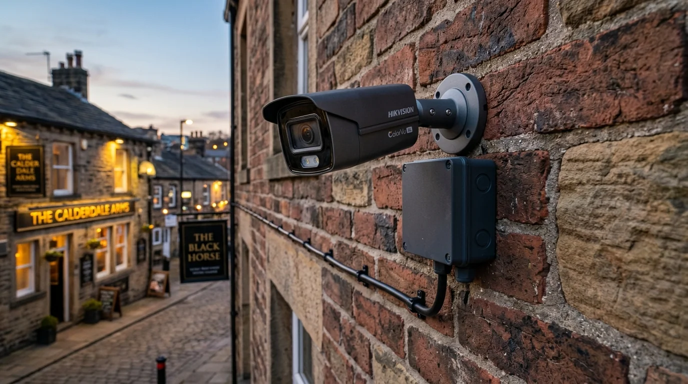 Commercial grade 4K IP turret camera mounted on industrial unit brickwork in Brighouse
