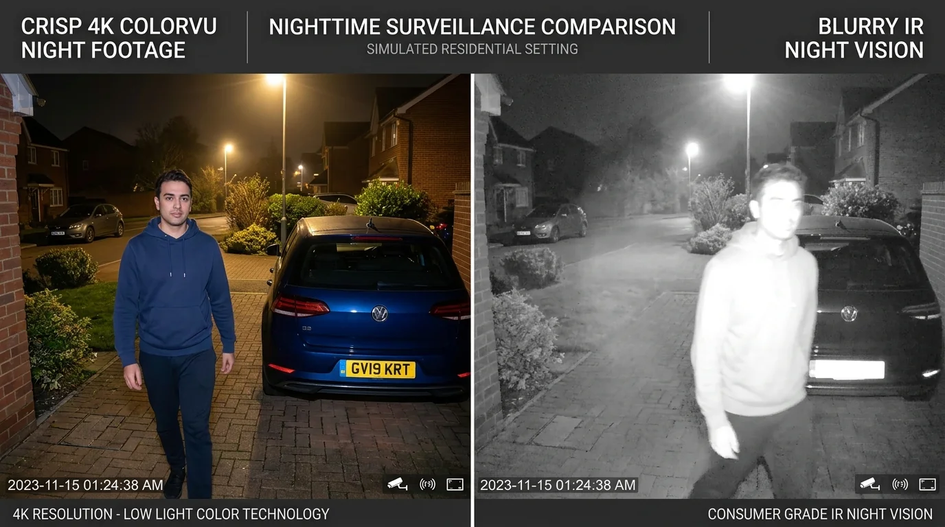Side-by-side night vision comparison showing full-colour Hikvision ColorVu detail versus washed-out black and white IR flare