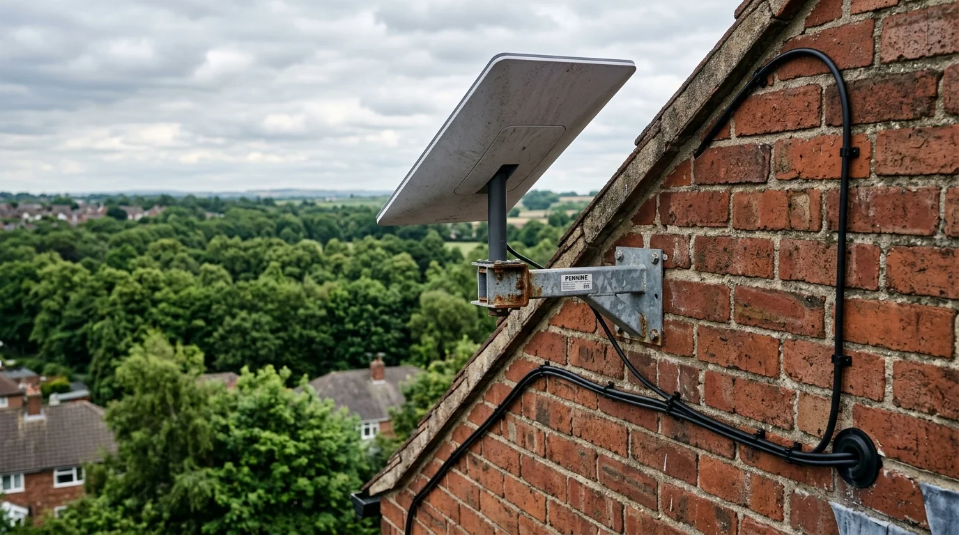 Starlink Gen 3 dish securely lashed to chimney stack on residential property in Adwick