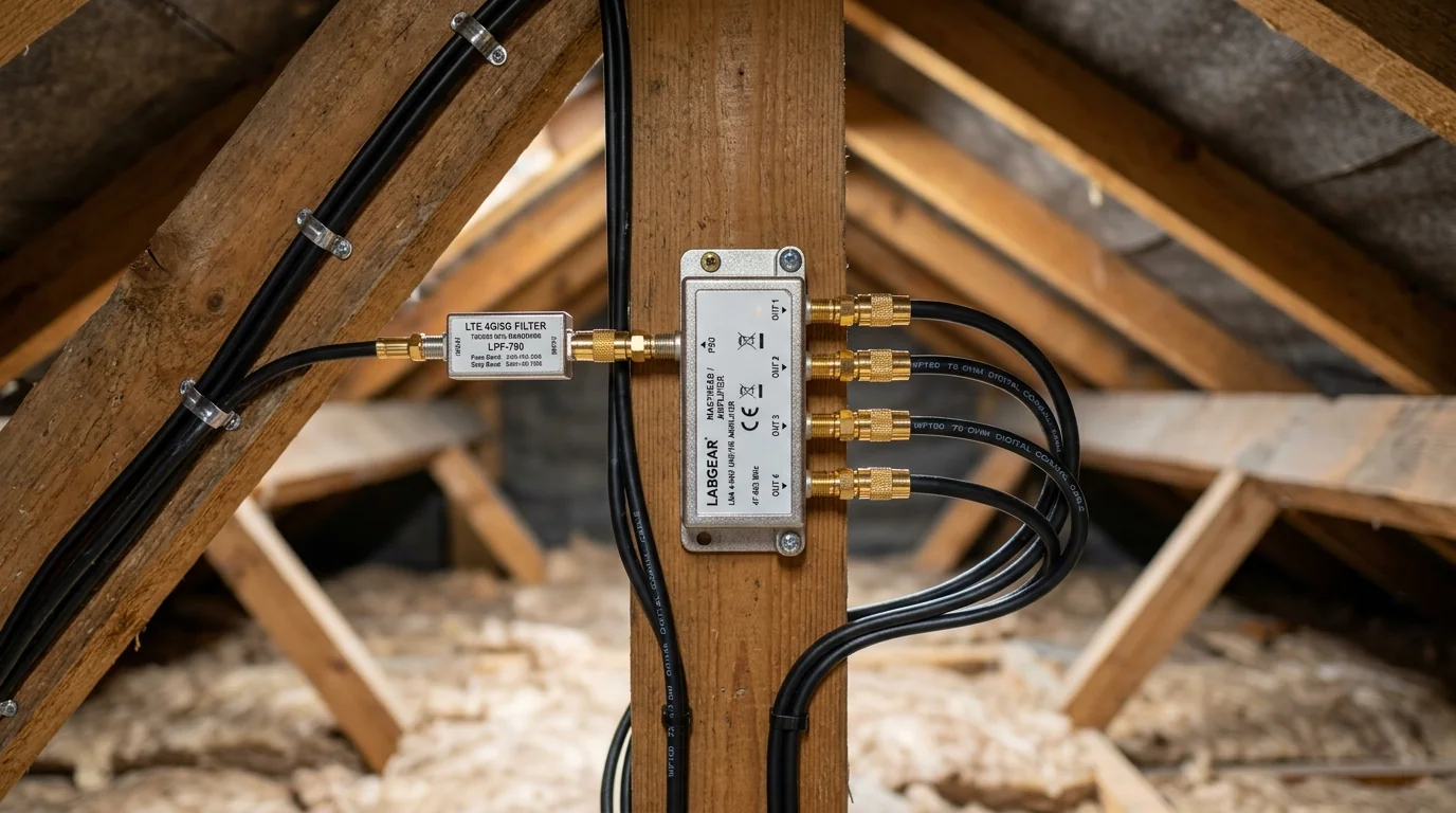 Screened TV aerial distribution amplifier with 4G/5G LTE suppression filter installed in loft in Mill Hill