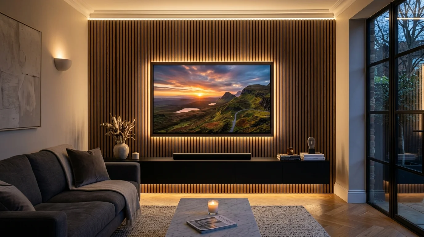 Custom luxury media wall with oak acoustic wood slats, recessed OLED TV, and integrated soundbar