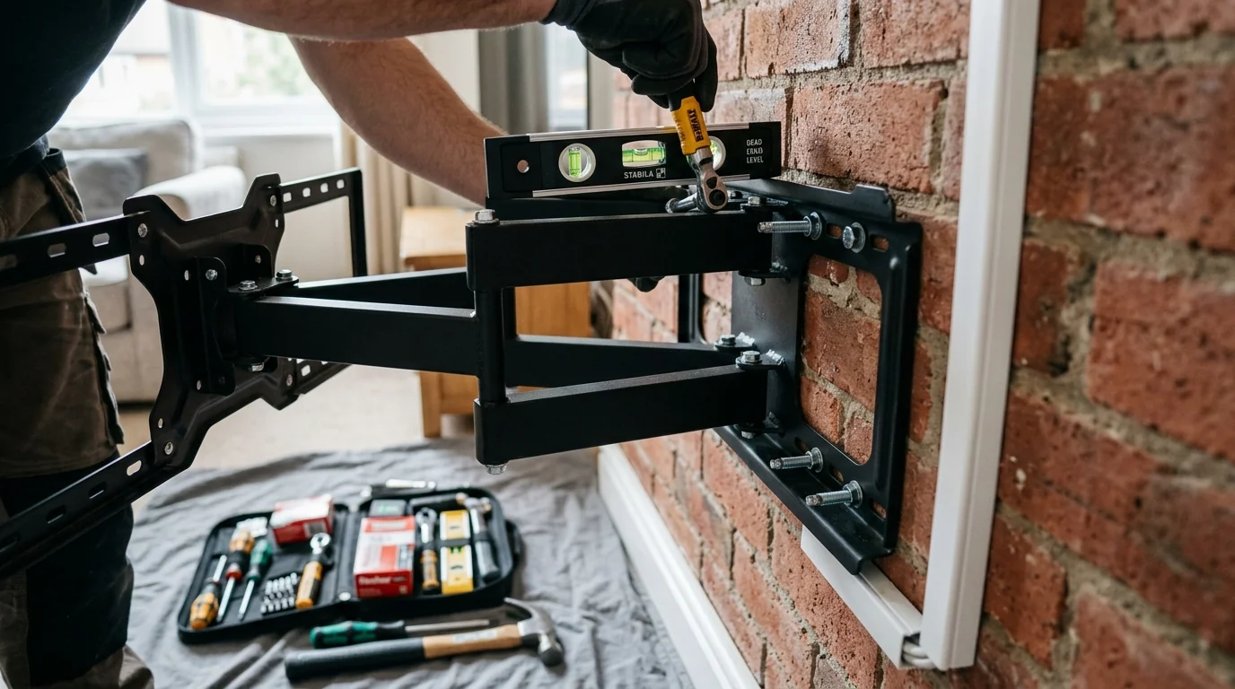 Detail view of heavy-duty cold-rolled steel dual-arm swivel TV bracket holding 65-inch screen away from wall