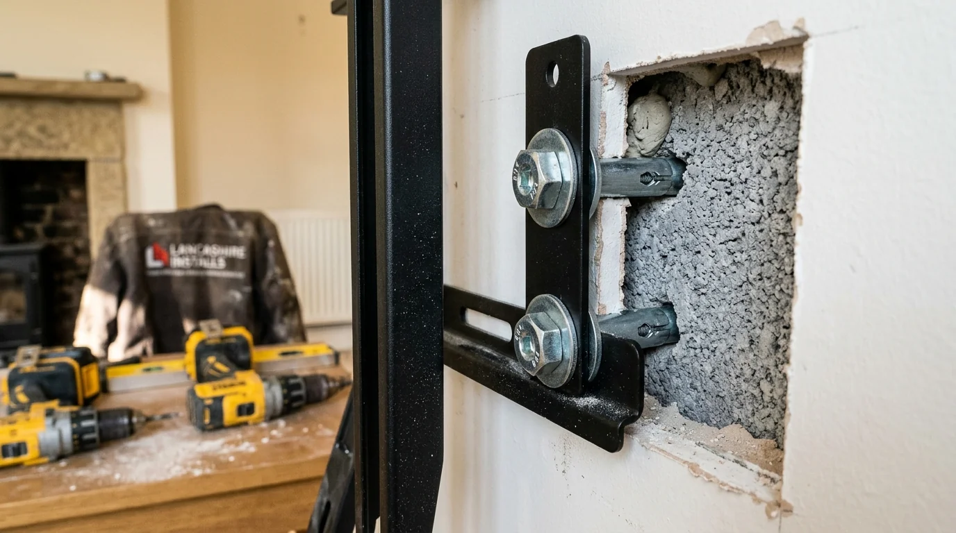 Heavy-duty Corefix steel core fixings anchored into solid masonry behind plasterboard for 75-inch TV in Beardwood